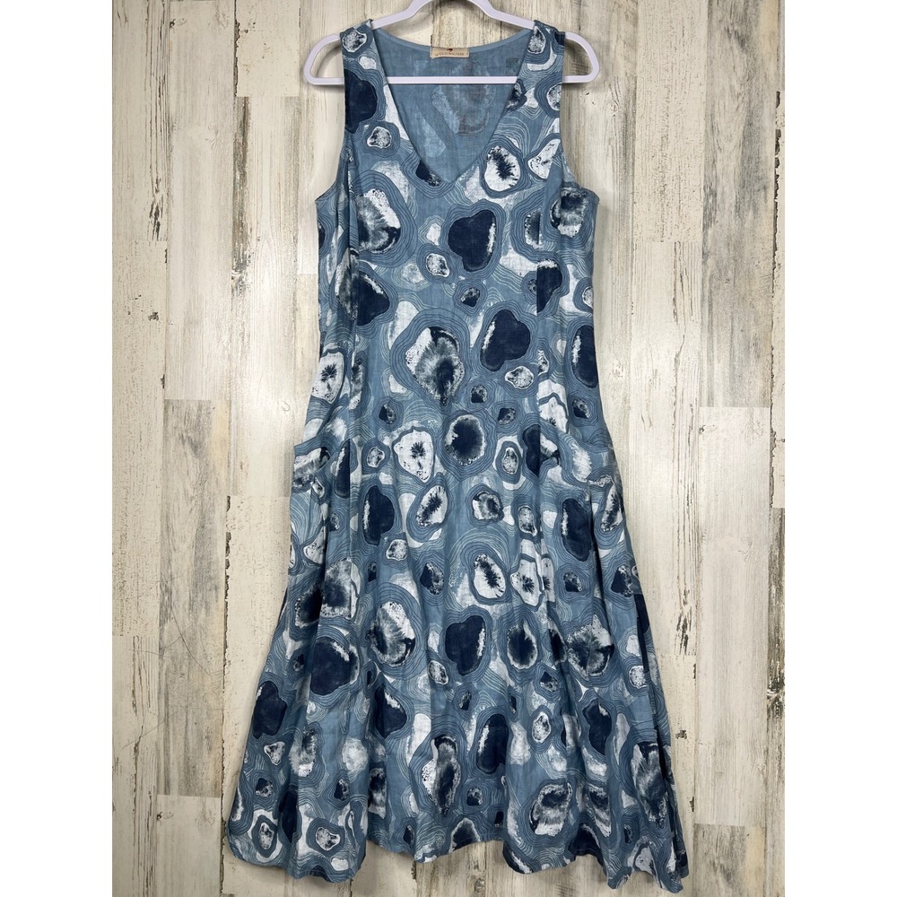 Lands Downunder Blue Geode Print 100% Linen V-Neck Midi Dress Made in Italy L